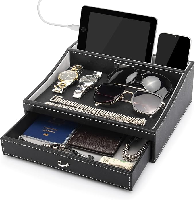 Baoyun Gifts for Dad Mens Nightstand Organizer, Jewelry Box for Men, Mens Dresser Organizer Countertop, Large Capacity Leather Valet Tray for Phones Pad Wallet Key Christmas Gifts for Men