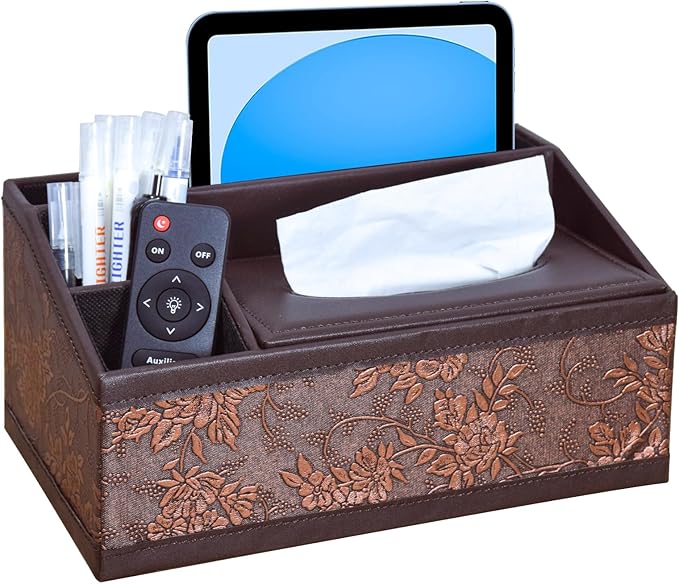 Marte Vanci Leather Tissue Box Cover Rectangular Multifunctional Tissue Holder with Remote Control Caddy Dryer Sheet Dispenser Facial Napkin Organizer for Desk Bedside Table Nightstand Vanity (Retro)