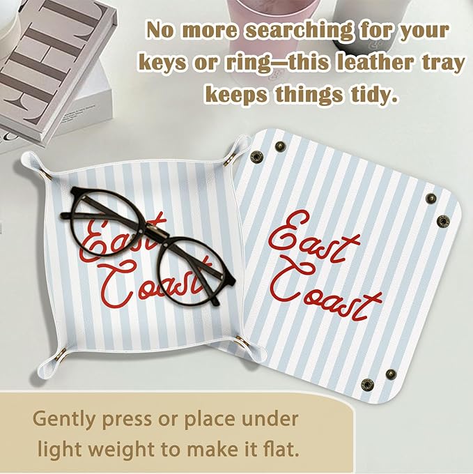 Coastal Cowgirl East Coast Jewelry Valet Tray for Women, Coastal Chic Beach Decor PU Leather Catchall Beside Caddy Nightstand Organizer Tray for Rings Watches Keys Accessories, 7.87x7.87in