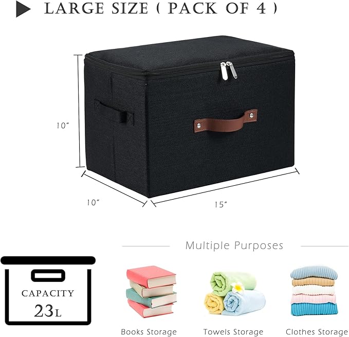 4 Pack Storage Bins with Zipper Lid Cotton Linen Fabric Lidded Storage Baskets Boxes Foldable Washable Closet Shelf Clothes Organizer Container with PU Leather Handles (Black, Large)