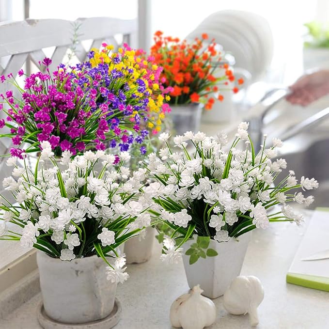 Artificial Flowers, 20 Bundles Outdoor Fake Flowers for Decoration UV Resistant Faux Plastic Plants Garden Porch Window Box Décor (White)