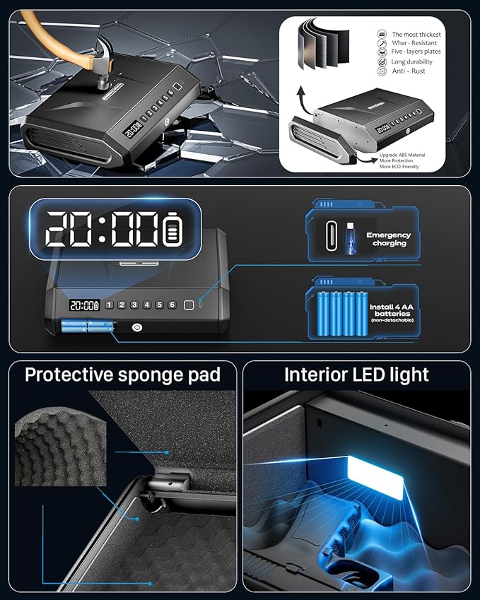 Large Biometric Gun Safe fits 4 pistols, 100 Sets of Fingerprint Handgun Safe with Internal Light & Silent Mode, Gun Lock Box for Home Bedroom Bedside Nightstand and Car, Emergency Charging, TOPMEDA
