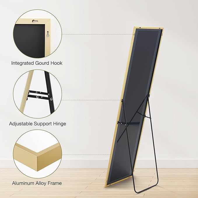 DUMOS Full Length Mirror 59"x17" Full Body Floor Mirror for Bedroom or Cloakroom, Can Stand Alone, Hang or Lean Against Wall, Tall Wall Mirror with Stand and Sleek Aluminum Alloy Thin Frame