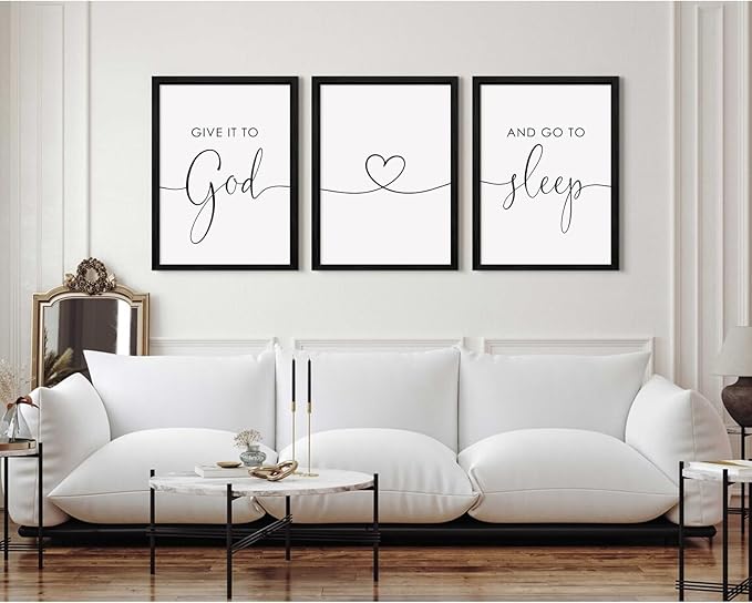 Give It to God and Go to Sleep Sign Canvas Wall Art Above Bed Wall Decor for Bedroom Bible Verse Prints Farmhouse Bedroom Pictures Artwork for over the Bed 16x24 Inch Framed Set of 3