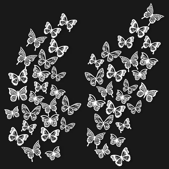 72pcs White Butterfly Wall Stickers, 3D Butterfly Decorations for Birthday Wedding Party Decorations, Cake Room Table Decorations, Removable Stickers