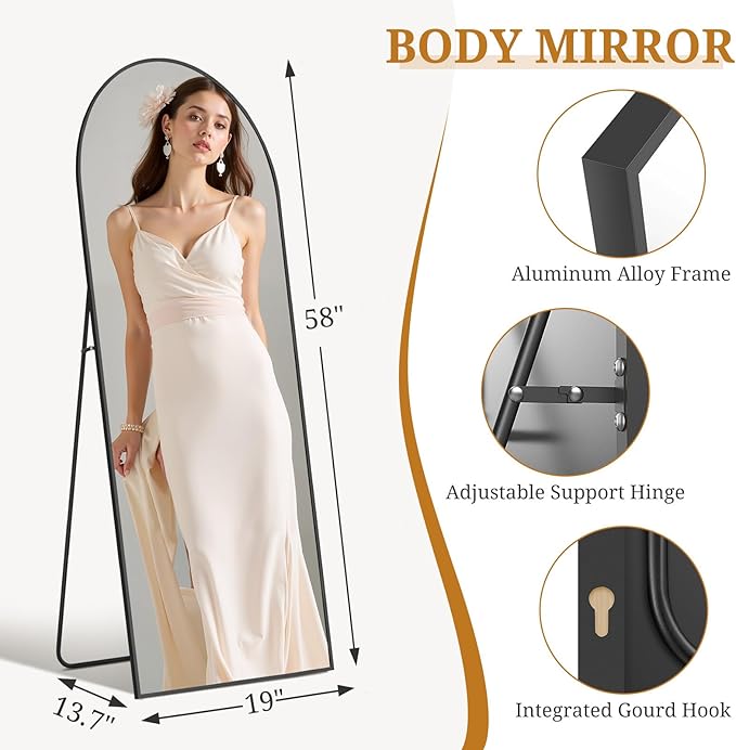 Full Length Mirror 58"x19" Full Body Mirror Arched Free Standing Wall Mounted Leaning Floor Mirrors with Stand Aluminum Alloy Frame for Bedroom Cloakroom, Black