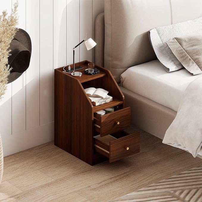 KOMFOTT Nightstand with Charging Station, End Table with 2 Storage Drawers, Sofa Beside Table with AC Outlets, USB and Type-C Ports, Modern Narrow Nightstand for Bedroom Small Space (Walnut,1)