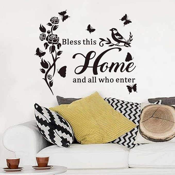 Family Wall Stickers for Living Room: Inspirational Home Quotes Vinyl Art Wall Decals for Kitchen Dining Room Bedroom Bathroom Apartment - Bless This Home and All Who Enter 18" X 15"