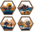 HPNIUB 4 Pcs Boho Mountains Scenery Wall Art Decor, Farmhouse Abstract Sunrise Trees Desert Cactus Hanging Wood Sign for Living Room, Aesthetic Bohemian Botanical Wooden Plaque for Apartment Bedroom(11''x9.8'')