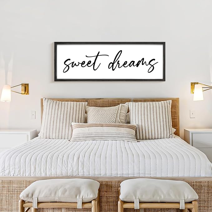 Sweet Dreams Wall Decor Above Bed 42''×15'' Large Bedroom Sign Farmhouse Bedroom Wall Sign Wood Framed Guest Room Decor Master Bedroom Wall Decoration (Black)
