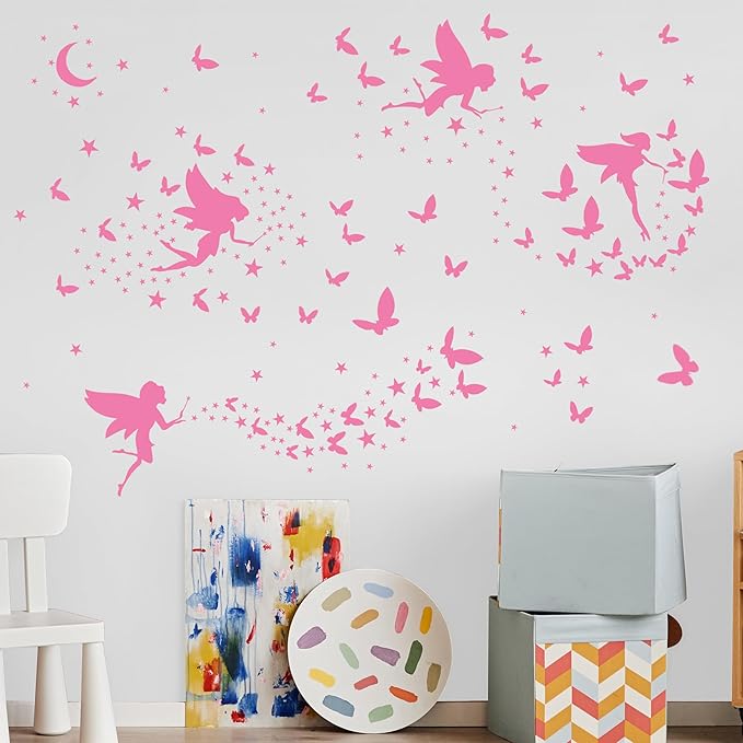 Glow in The Dark Fairy Wall Decals, Luminous Fairies Stars Wall Stickers for Ceiling, Peel and Stick Butterfly Decoration for Kids Room, Pink