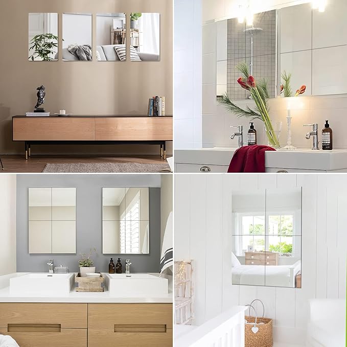 JUNEBRUSHS 4 Pack Self Adhesive Acrylic Mirror, 6X 9 Inch Mirror Tiles,Flexible Plastic Mirrors Sheets Wall Stickers,2MM Thick Mirrors,Frameless Small Mirror