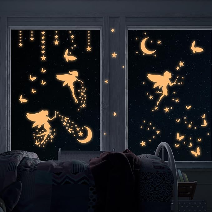 Glow in The Dark Fairy Wall Decals, Luminous Fairies Stars Wall Stickers for Ceiling, Peel and Stick Butterfly Decoration for Kids Room, Pink
