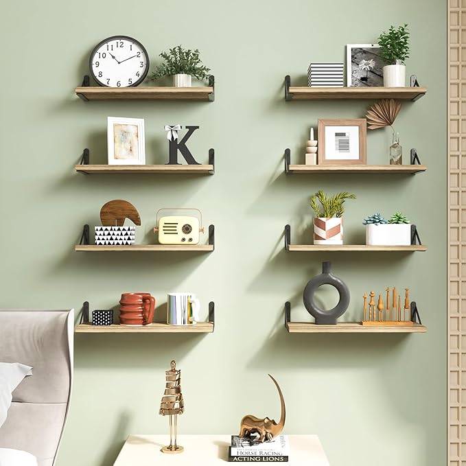 Fixwal Floating Shelves for Room Wall, Width 4.7in Rustic Wood Wall Storage Shelves for Bedroom, Living Room, Kitchen, Bathroom, Office Decor and Plants Display (Set of 8 Carbonized Black)