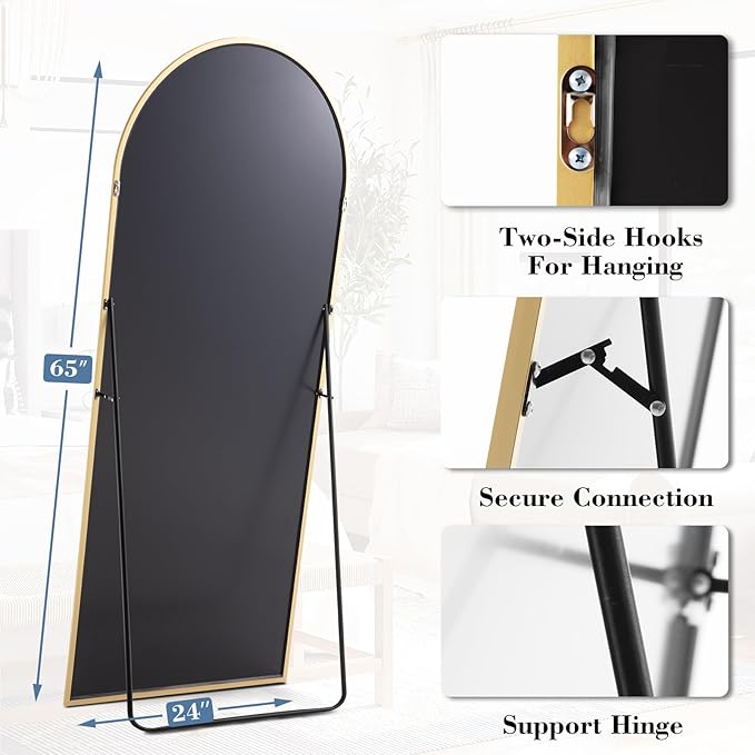 DUMOS Arched Full Length Mirror with Stand Floor Standing Aluminum Frame for Bedroom Body Hanging Leaning Modern Simple Home Decor Shatter-Proorf Nano Glass Wall Living Room Cloakroom Gold 65"x24"