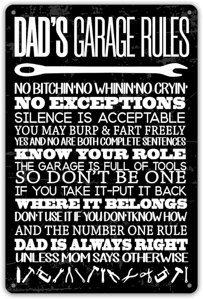 QIONGQI Funny Dad's Garage Rules Metal Tin Sign Wall decor Garage Quote Sign for Home Garage Men Cave Decor Gifts for Dad Father(Wooden Style)