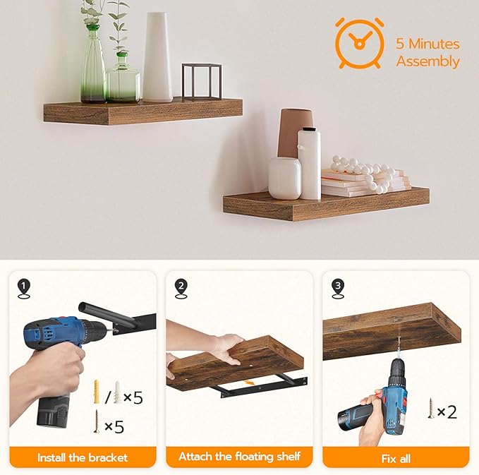 HOOBRO Floating Shelves for Wall, Wall Mounted Shelf Set of 2, 47.2" Hanging Shelf with Invisible Brackets, for Wall in Bathroom, Bedroom, Toilet, Kitchen, Living Room, Rustic Brown BF120BJP201