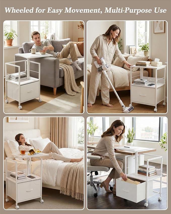 360° Swivel Nightstand with Height Adjustable, Lift Top Bedside Table with Charging Station, Rolling Night Stand with Fabric Drawer, End Table with Wheels, for Bedroom, Living Room, White