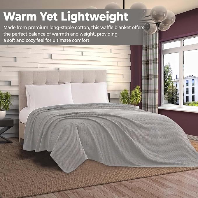 100% Cotton Blankets for Bed - Waffle Weave Blankets for Summer, Lightweight and Breathable Soft Woven Blanket for Spring (Light Grey, King (90" x 108"))