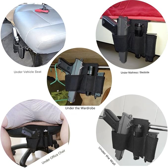 Bedside Pistol Holster, Tactical Bed Side Gun Holster, Under Mattress Handgun Holster with Flashlight Loop Holder