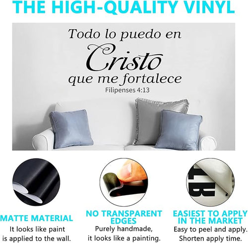 AnFigure Mensajes Cristianos En Español para Pared, Bible Verse Wall Decals, Faith Church Prayer Positive Quotes Home Art Decor Vinyl Stickers Spanish Todo Lo Puedo En Cristo Que Me Fortalece 28"x16"