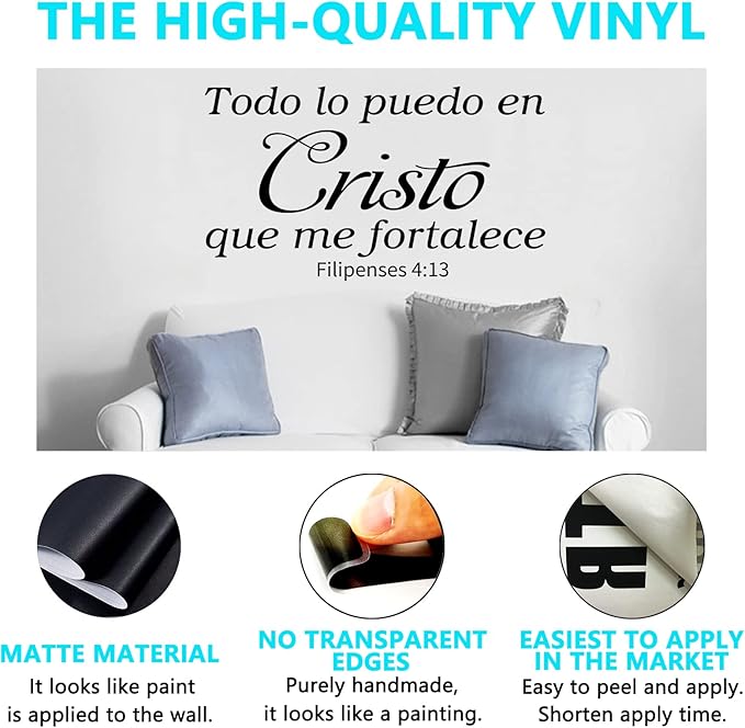 Wall Decals Quotes, Bible Verse Wall Decal, (Easy to Apply), Scripture Inspirational Positive Vinilos Decorativos Para Pared, Frases Para Decorar Pared En Español, Dios Biblicos Calcomanias Quotes Home Art Decor Vinyl Stickers Spanish, Todo Lo Puedo En...