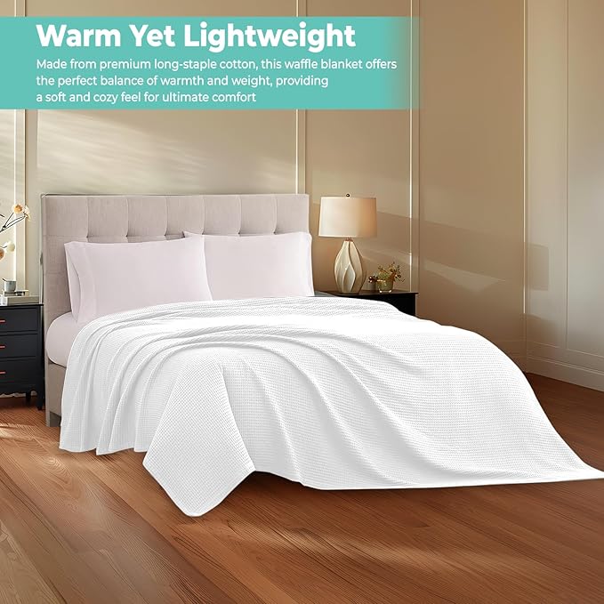 100% Cotton Blankets for Bed - Waffle Weave Blankets for Summer, Lightweight and Breathable Soft Woven Blanket for Spring (White, Queen (90" x 90"))