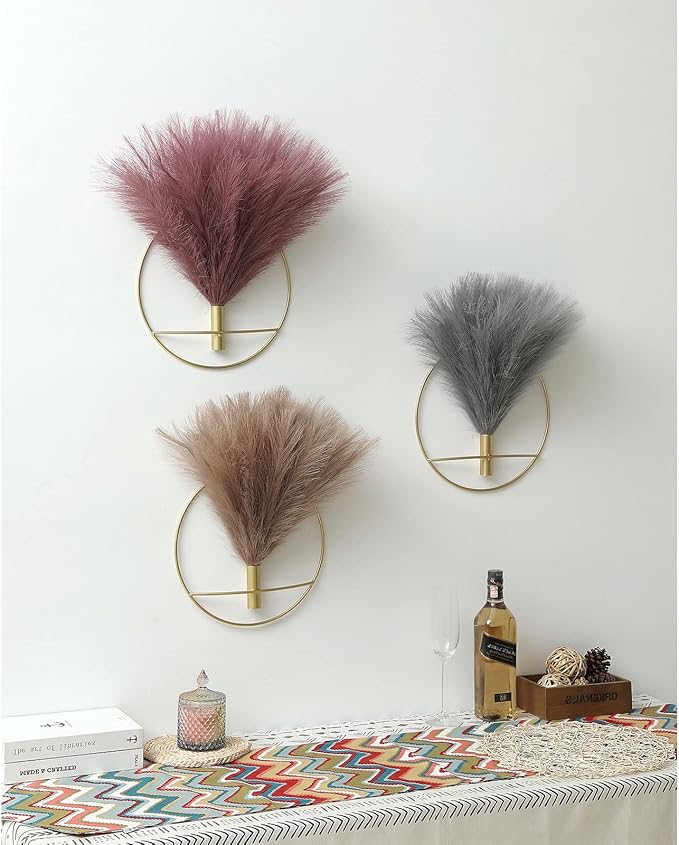 Pretty Jolly Boho Wall Decor, Large Wall-Mounted Metal Wall Decor, Hanging Artificial Pampas Display, Wall Art Living Room, Bedroom, Bathroom, Dining room, 2 Pack Gold Gray