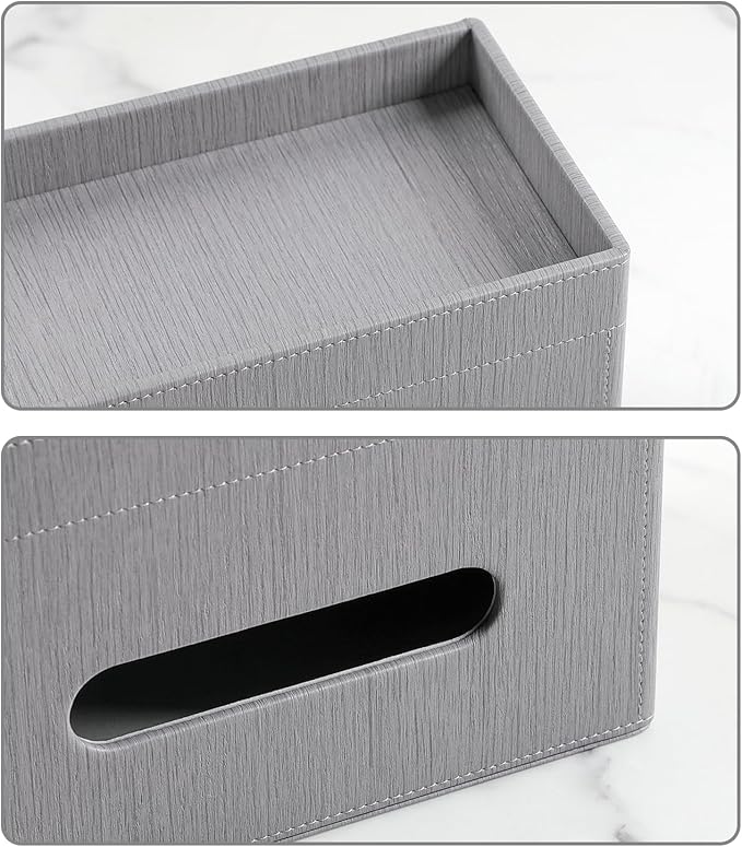 Plus Size Tissue Box Cover Rectangle, PU Leather Tissue Box Holder with Storage Tray, Decorative Organizer Tissue Holder for Bathroom, Bedroom Dresser, Night Stand, Office (Grey)