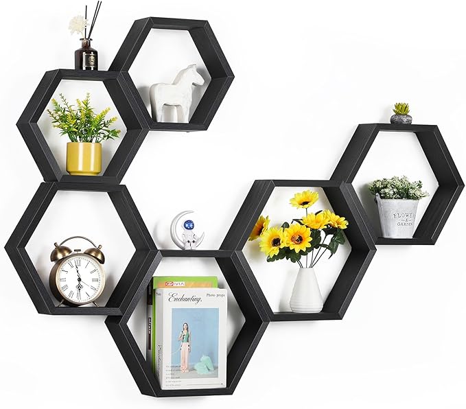 YBING Hexagon Floating Shelves Black Hexagonal Shelves Set of 6 Wood Honeycomb Shelves for Farmhouse MDF Hexagon Wall Decor Storage Shelves for Bedroom Office Living Room