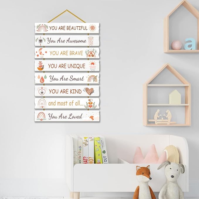 Rutiyoka Boho Wall Art for Girls' Room - Rainbow Inspirational Wood Decor for Kids' Nursery or Toddler Room Sign