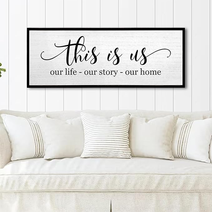TQianJiang Simple Family Quote This Is Us Wall Decor 40"×15" Our Life Our Story Our Home Sign for Living Room Wall Art Entryway Farmhouse Large Rustic Wooden Framed House Plaque Hanging (Black)