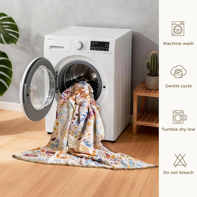 Boho Throw Blanket with Florals & Leaves Embroidery Reversible Lightweight Cotton Gauze Throws for Couch,Bed,Sofa & Chair Decor - Bohemian Living Room Accent Gift 60"x80"
