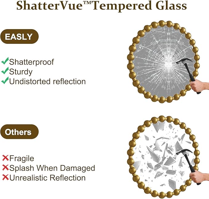 Round Mirror for Wall, 24 Inch Gold Beaded Frame Decorative Vanity Mirror, Circle Bathroom Mirror with High-Definition Lense, Modern Wall Decor for Bathroom, Living Room, Bedroom, Entryway