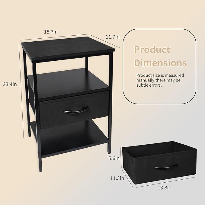 Black Nightstand with Fabric Drawer and Wood Shelf, Waterproof Surface Bedside Table, Eco-Friendly Small Side Table for Bedroom