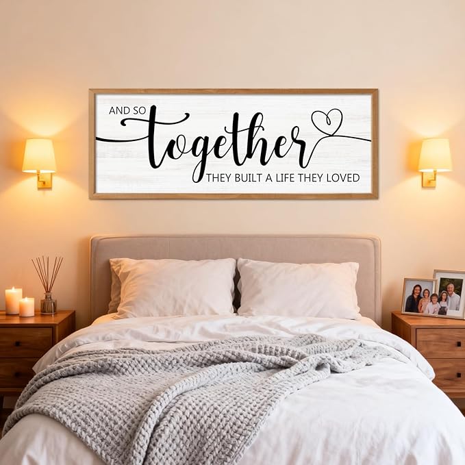 And So Together They Built A Life They Loved Decorative Rustic Sign & Plaque Framed Wall Art for Couples, 40''×15''Wooden Long Wall Decor Above Bed, Vintage Horizontal Farmhouse Wedding Gift