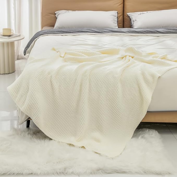 bearberry Soft Rib Knit Blanket Thin Warm & Breathable - Snuggly Minky Throw for Everyday Use, Travel, Chair | All-Season Machine Washable for Couches, Gifts, Family (Cream, 50”x60”)