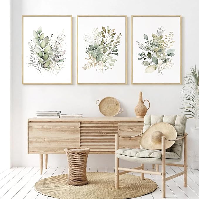 Watercolor Botanical Wall Art Set of 3 Boho Floral Canvas Wall Decor Prints Sage Green Wildflower Wall Art Modern Flower Pictures Botanical Painting for Bedroom Bathroom 12x16 Inch Framed