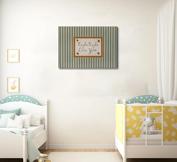 Goodnight Love You Canvas Wall Art Vintage Green Striped Above Bed Wall Decor Picture Mid Century Modern Minimalist Poster Painting Print Artwork for Baby Bedroom Dorm Room Decor, Framed