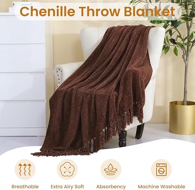 Rust Brown Chenille Throw Blanket for Couch Bed，Soft Cozy Throw Blanket with Handmade Fringe, Decorative Blanket for Sofa Chair Living Room for Gift, (Rust Brown)