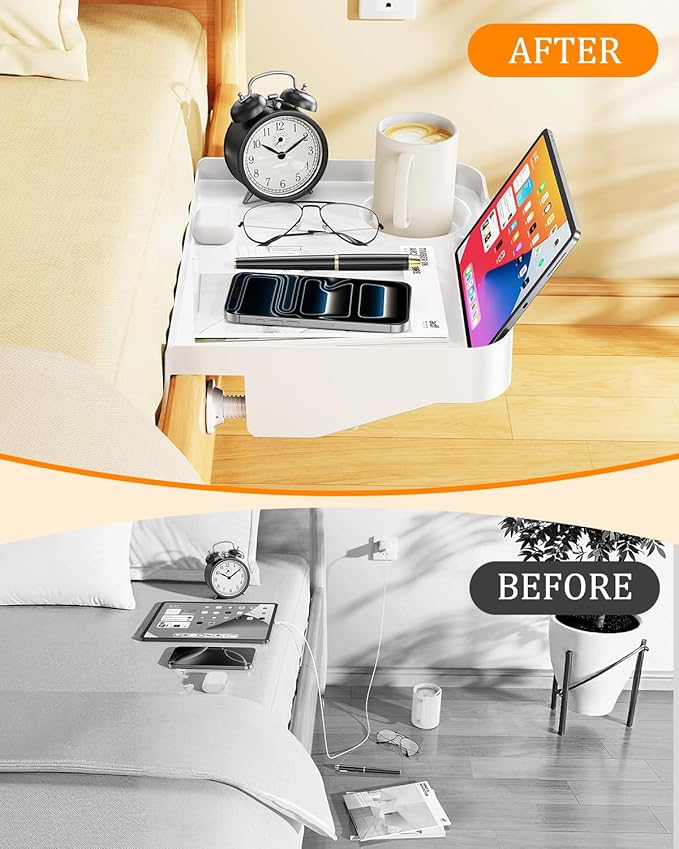 Bedside Caddy for Dorm Bed - Clip On Nightstand with Cup Holder, Floating Bed Side Table Tray Storage,College Dorm Room and Kids Room Essentials,Blending Decor and Storage （White）