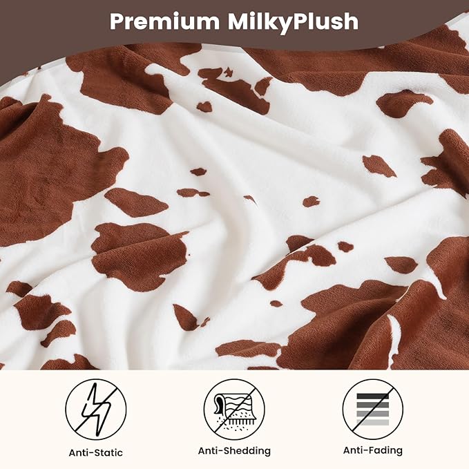 Cozy Bliss Cow Print Fuzzy Throw Blanket for Couch - Thick Soft Warm Non Shedding Fleece Blankets for Western Décor Room, for Kids, Women Men Girls, Brown 50"*60"