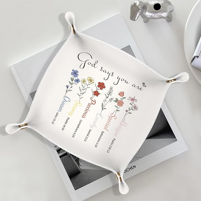 Christian Gifts -God Says You Are Bible Verses， Religious Gifts for Women，Inspirational Gifts For Women，Floral PU Leather Catchall Beside Caddy Nightstand Organizer Tray for Rings,7.87x7.87in