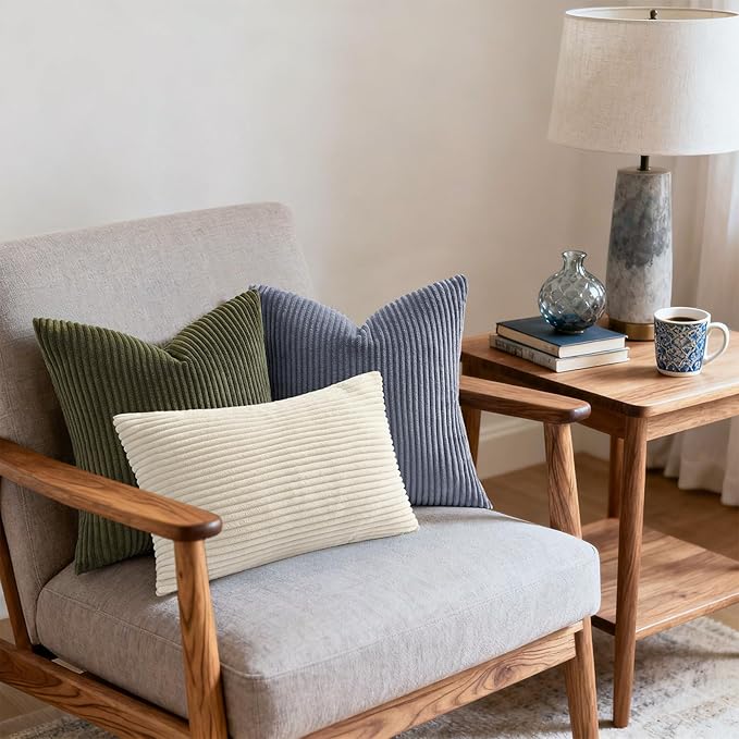 Mecatny Corduroy Decorative Throw Pillow Covers 24x24 Set of 2 for Sofa Living Room, Soft Neutral Boho Couch Pillow Covers for Home Decor, Blue Grey