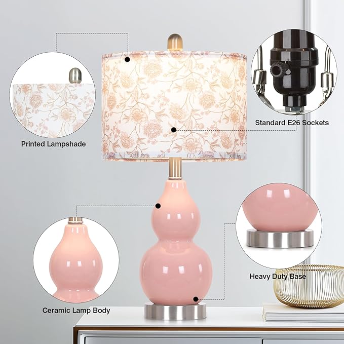 Pink Double Gourd Ceramic Lamps Set of 2 with Flower Lampshade, Modern Table Lamps for Living Room, Contemporary Nightstand Bedside Lamp for Bedrooms End Tables Office Dorm Decor(2 LED Bulbs Included)