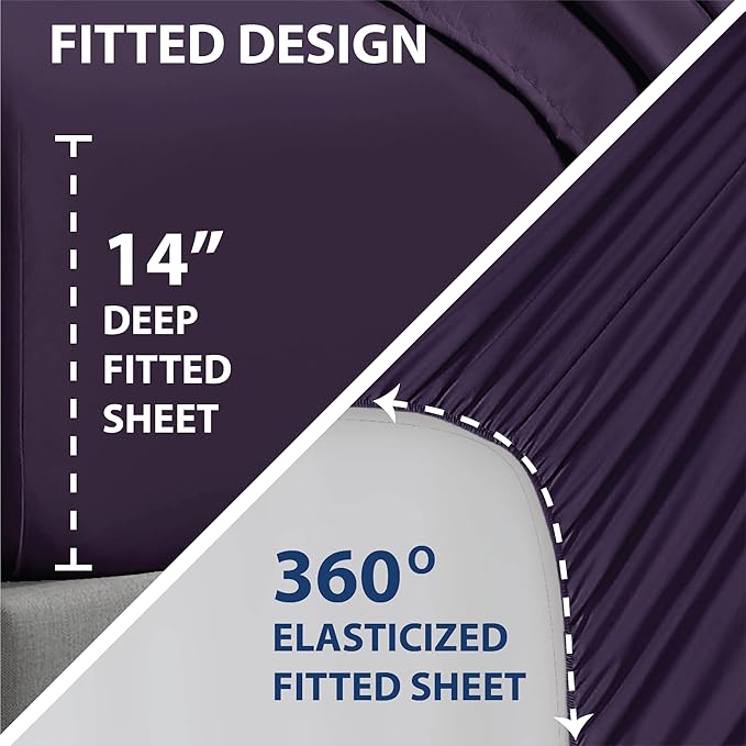 Swift Home Smart Sheets, Ultra Soft Brushed Microfiber 3-Piece Sheet Set, Fitted Bed Sheet with Side Storage Pockets – Eggplant, Twin