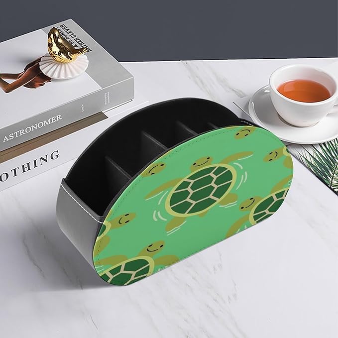 Green Turtles Remote Control Holder Organizer Box with 5 Compartment PU Leather Bedside Storage Caddy Remote Organizer for Controller Media Player Pen/Pencil Storage