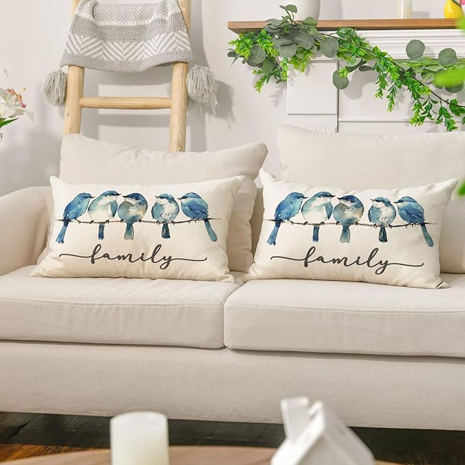 AVOIN colorlife Home Sweet Home Bluebird Family Watercolor Throw Pillow Cover, 12 x 20 Inch Blue Cushion Case Decoration for Sofa Couch Set of 2
