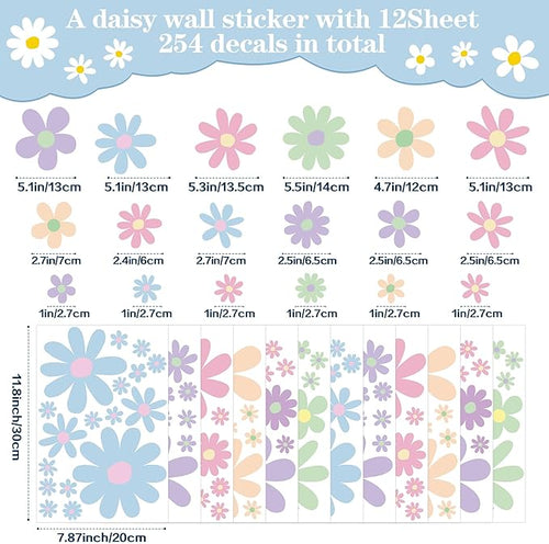 12 Sheets Daisy Wall Decals Boho Flower Wall Stickers Cute Kids Girls Room Decor Peel and Stick Floral Decals Toddler Nursery Playroom Living Room Bedroom Classroom Retro Hippie Decor Pastel Style