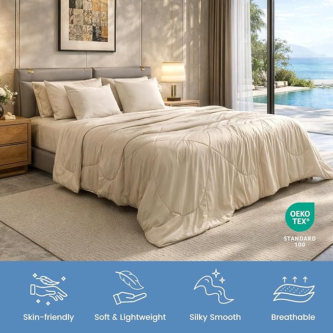 Cozy Bliss Cooling Comforter Queen Size, Cooling Blankets for Hot Sleepers and Night Sweats, Khaki Summer Comforter for Queen Size Bed, Breathable Soft Lightweight Silk Smooth